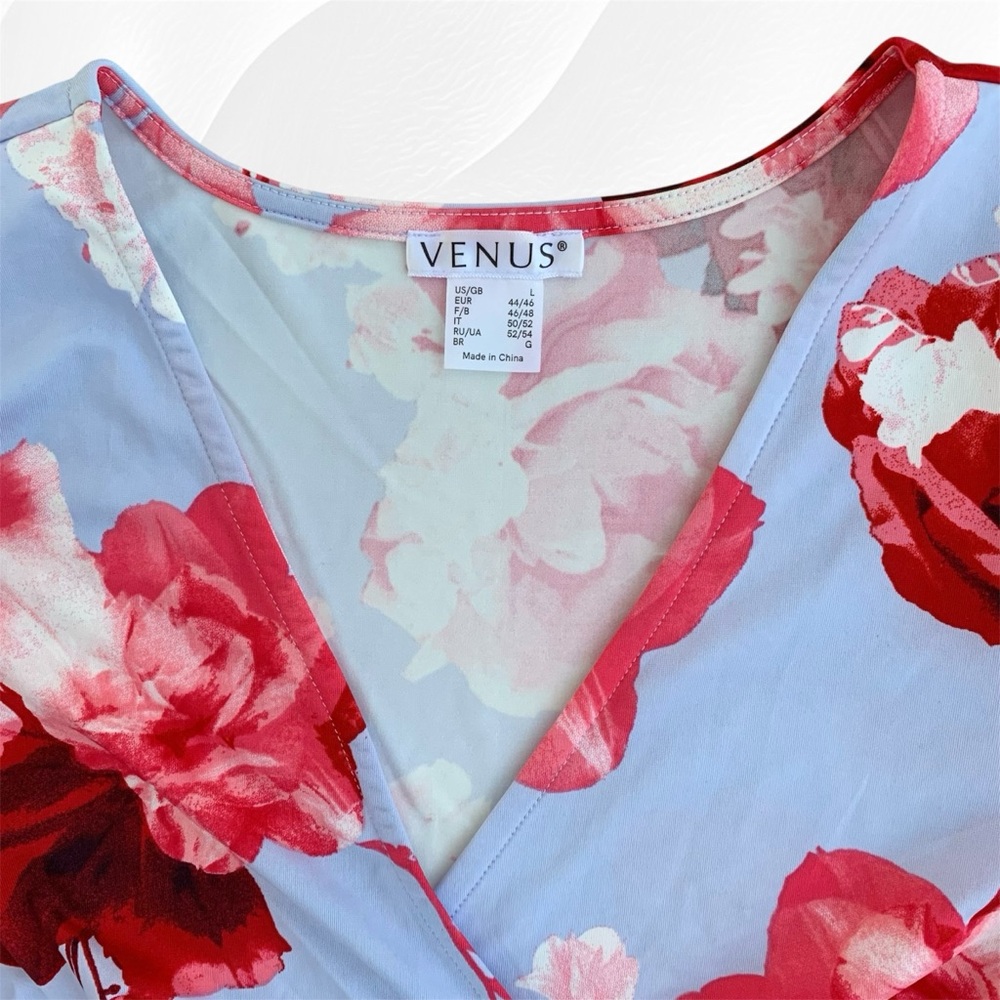 Venus Light Blue Pink and Red Floral Faux Wrap 3/4 Sleeve V-Neck Dress, Large - Picture 5 of 10